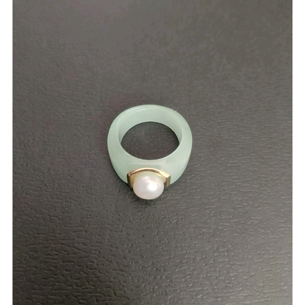 Natural Green Jade Pearl 14k Solid Yellow Gold Accent Ring Size 6 Brand New - Picture 2 of 8